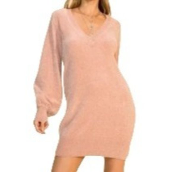 HYFVE DUSTY ROSE V-NECK LANTERN SLEEVE SWEATER DRESS -  NWT - SZ:S/M/L - Picture 1 of 10